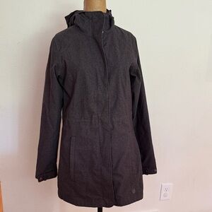 Mountain Hardwear sz S/P Charcoal soft shell 3/4 length Jacket zip snap hooded